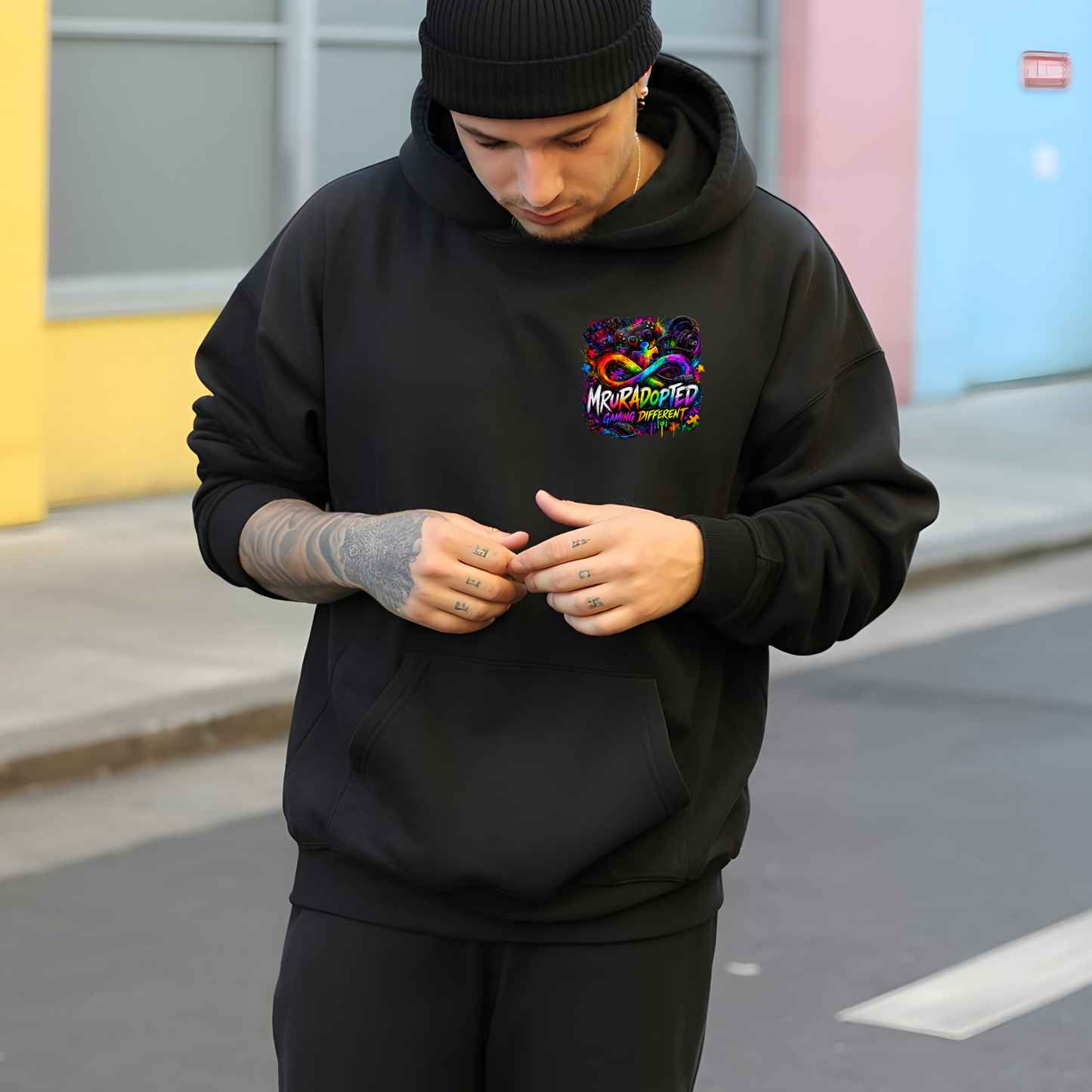 MrUrAdopted Hoodie – Pocket Logo + Back Print